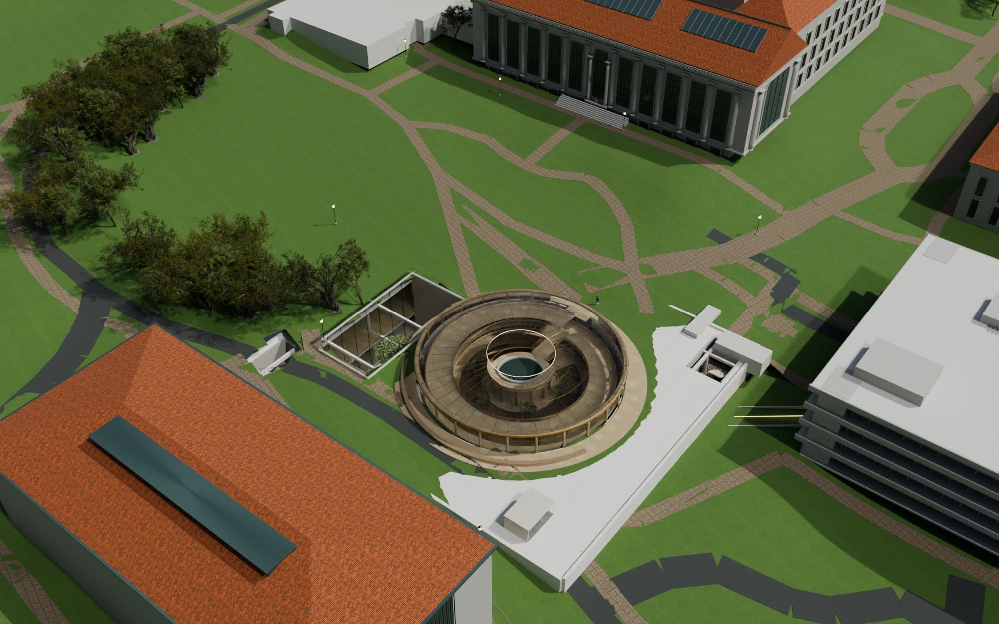 After: proposed circular entrance around the water court, in the same campus context and camera view