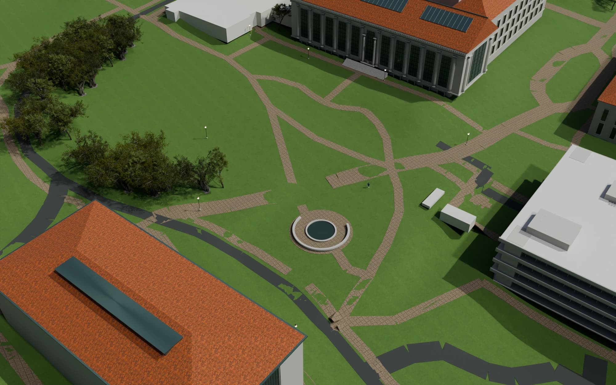 Before: reconstructed campus pool and surrounding landscape without the proposed entrance
