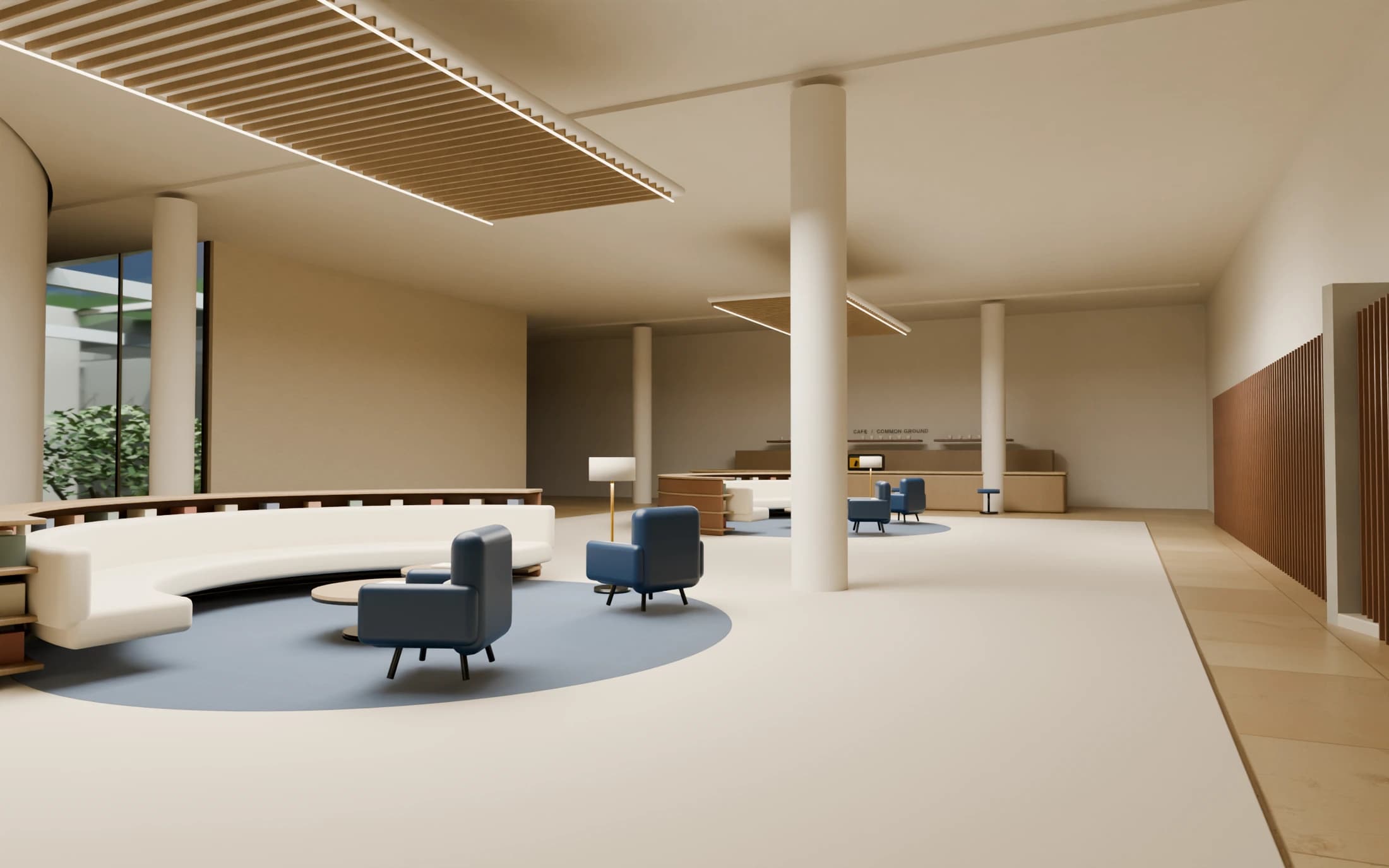 B1 / civic reading salon. Reception sits to one side; café, exhibition and public learning remain on the arrival level. Current V6.