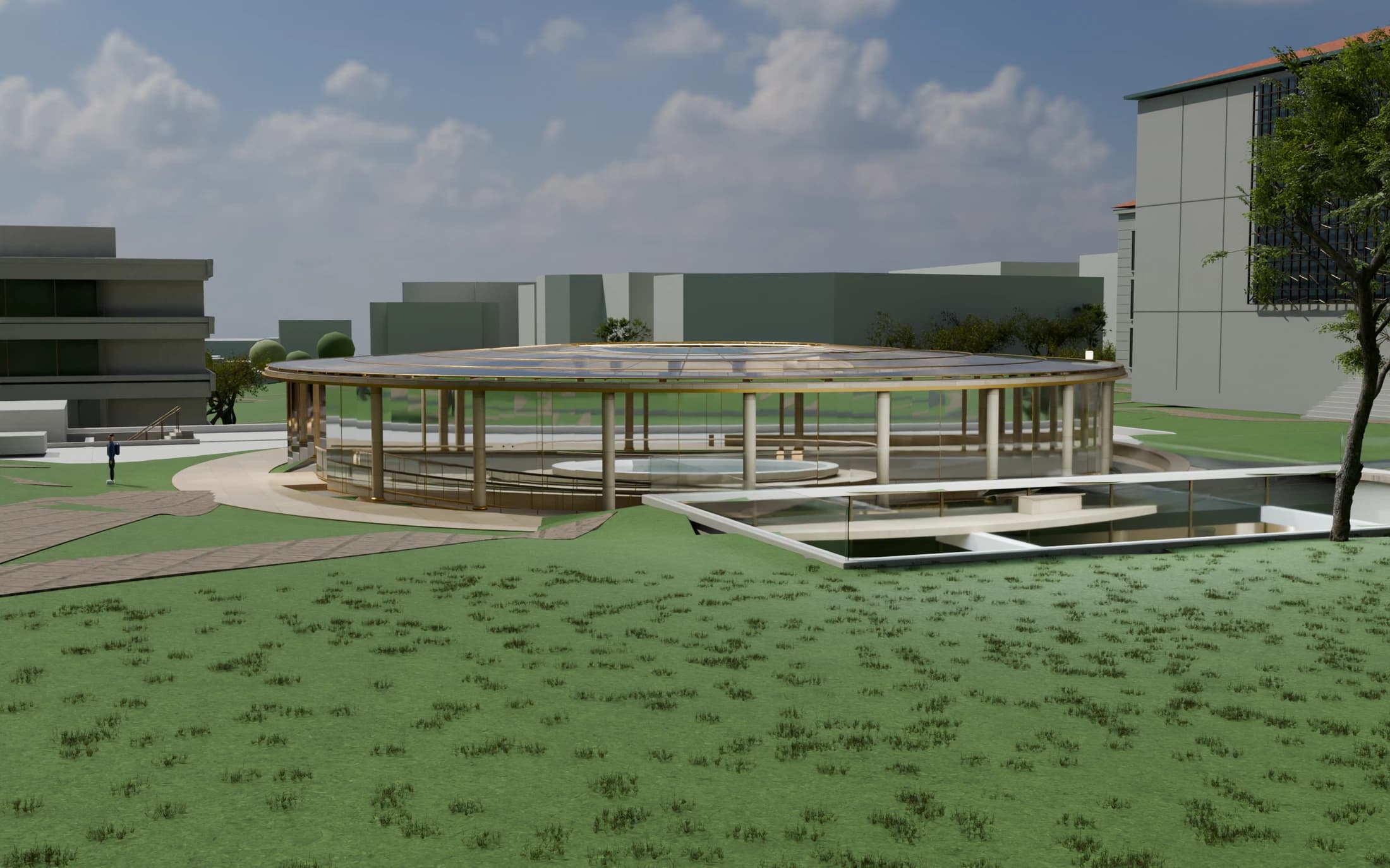 A circular glass entrance around the water court beside Memorial Glade. Retained V5 exterior · actual Blender render.