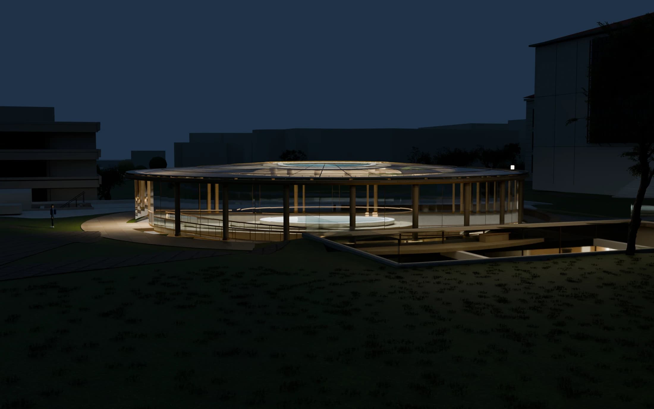 Blue-hour water forum, V4. Warm light gives the entry a public presence without turning the Glade into an illuminated spectacle.