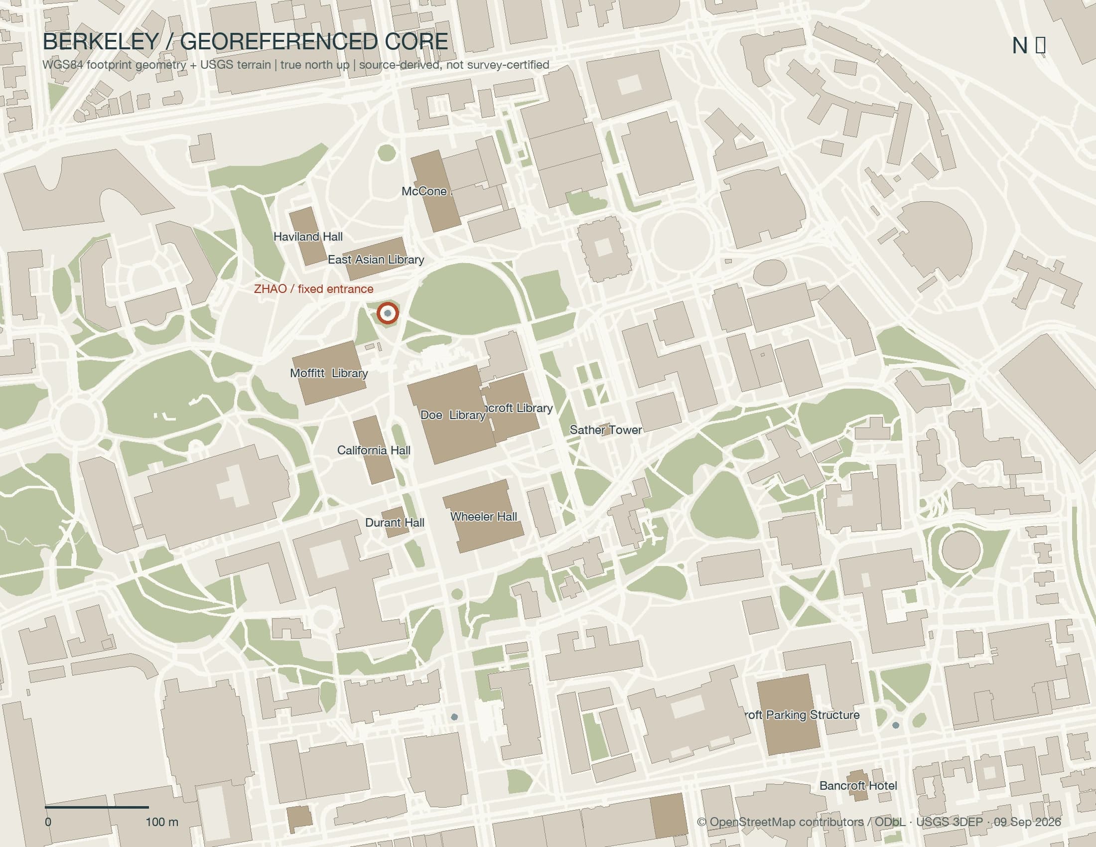 Geodata-informed campus basis. OSM footprints, USGS terrain and 2018 LiDAR-informed heights; interpreted landmark detail, not surveyed as-built geometry.